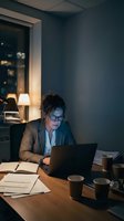Focused businesswoman working late at office desk with laptop and documents in dimly lit corporate environment for overtime productivity concepts.