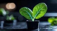 Young green sprout with water drops growing in small black pot against dark background, macro photography showing fresh seedling with heart-shaped leaves.