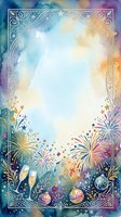 Festive watercolor frame with fireworks, champagne glasses, and ornamental border on gradient background, ideal for celebration invitations and greeting card designs.