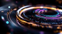 Futuristic spiral technology pattern with glowing neon circles and digital data streams in purple, blue and gold colors on dark background. Modern tech concept.
