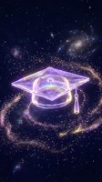 Glowing graduation cap floating in cosmic space with swirling galaxies and stardust, symbolizing academic achievement and limitless educational possibilities.