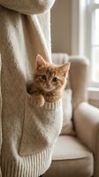 Ginger tabby kitten nestled in person's cream cardigan pocket near bright window, cozy home setting for pet care and lifestyle content.