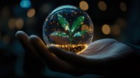 Glowing green plant inside crystal ball held in palm against dark background with bokeh lights, magical fantasy concept for environmental protection.