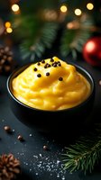 Creamy yellow hollandaise sauce with black peppercorns in dark bowl, Christmas decoration with pine branches and bokeh lights in background.
