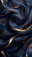 Luxurious navy blue silk fabric with golden copper metallic stripes flowing in elegant waves creating sophisticated textile background for fashion design.