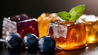 Colorful fruit jelly cubes with fresh blueberries and mint garnish on dark background, close up view showing texture and translucent glow of gelatin desserts.