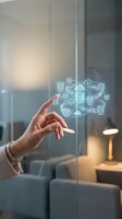 Woman's hand touching a glowing holographic cloud computing network diagram on a transparent glass panel in a modern office.