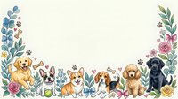 Cute cartoon dogs border with floral decorations, paw prints, bones and hearts on white background, copy space for text.