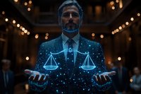 Middle-aged bearded businessman in dark suit with glowing blue zodiac Libra constellation effect, holding scales symbol in dramatic lighting with bokeh background.