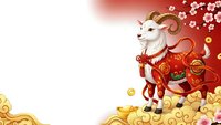 White goat in traditional red costume with golden coins and cherry blossoms on gradient background for Chinese New Year celebrations and lunar calendar.