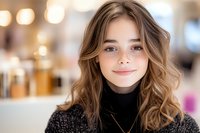Young woman with wavy brown hair and natural makeup wearing black turtleneck sweater smiling at camera against soft bokeh background. Warm lifestyle portrait.
