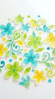 Colorful watercolor flowers and leaves in turquoise, lime green, and yellow with decorative swirls on white background, isolated for craft and design projects.