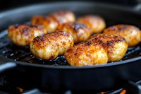 Grilled chicken meatballs with golden-brown crust and caramelized exterior cooking on black grill pan, close-up view showing juicy texture and charred marks.