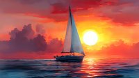 Sailboat silhouette gliding across calm ocean waters during dramatic red and orange sunset with glowing sun and reflective waves creating peaceful seascape.