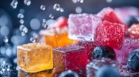 Colorful fruit jelly candies with sugar coating and water drops on dark background, macro food photography with bokeh effect and soft focus.