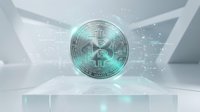 Glowing cryptocurrency coin with digital particles on transparent glass platform in futuristic tech environment for blockchain and finance concepts.