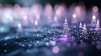 Glowing Christmas trees made of light dots and lines on dark background with bokeh effect and magical purple illumination. Digital holiday concept.