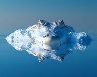 Majestic white iceberg floating in calm blue arctic waters with mirror reflection creating symmetrical composition against clear sky, nature phenomenon.