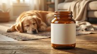Pet supplement bottle with blank label on wooden table, golden retriever dog resting in cozy living room background for veterinary health products.
