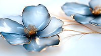 Delicate blue flower with gold details on white background, soft focus macro photography shows elegant petals and metallic accents for decorative art.