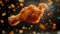 Crispy fried chicken drumstick with seasoning powder falling in motion against dark background with golden bokeh lights, dramatic food photography.
