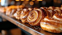 Fresh baked cinnamon rolls with swirled golden-brown tops arranged in rows on wooden bakery shelf, glazed pastries with flaky layers and caramelized sugar coating.