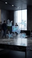 Modern office with holographic business icons floating above conference table showing growth charts and network connections for corporate presentations.