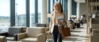Professional businesswoman walking through modern airport terminal with luggage and leather bag, ready for corporate travel and business trip.