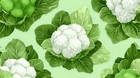 Fresh cauliflower heads with green leaves on light background, seamless pattern for textile, wallpaper and packaging design. Repeatable vegetable print.