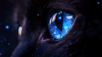 Close-up of black cat with luminous blue eye and glowing particles against dark background, creating magical and mystical atmosphere for fantasy designs.