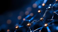 Glowing network structure with interconnected golden nodes on dark blue background, abstract technology and science concept visualization for digital connections.