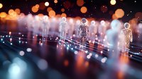 Glowing digital human figures connected by light streams on dark background with bokeh effect, representing social networking and connectivity in modern age.