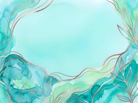 Turquoise and mint watercolor abstract background with flowing organic shapes, gold accents, and botanical leaf elements. Suitable for invitations, social media graphics, and design projects.