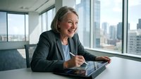 Professional mature Caucasian businesswoman smiling while working on tablet in modern office with city skyline view through windows.