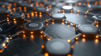 Glowing orange network connections on dark surface with circular nodes forming interconnected pattern, modern technology concept for business and data transfer.