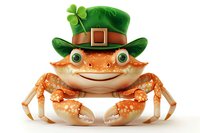 Cheerful orange crab wearing green leprechaun hat with shamrock for St Patrick's Day celebration, isolated on white background for festive designs.