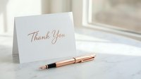 Elegant white thank you card with rose gold calligraphy text and matching luxury pen on marble surface near window for wedding stationery gratitude notes.