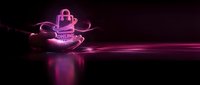 Neon glowing teapot with steam and light trails on dark reflective surface, suitable for tea shop branding, cafe marketing, and beverage advertising campaigns.