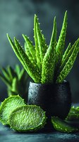 Fresh aloe vera plant in black pot with cut leaves showing gel texture on dark background, natural skincare and wellness concept for cosmetic products.