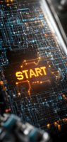 Glowing orange start text on digital circuit background with blue technology grid pattern and connected nodes, suitable for business and tech concepts.