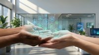 Hands holding digital healthcare icons in modern medical office environment representing telemedicine and digital health technology solutions.