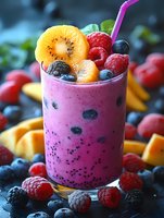 Purple berry smoothie with fresh fruits and pink straw surrounded by colorful mixed berries and kiwi slices for healthy breakfast and nutrition concepts.