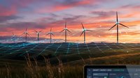 Renewable energy landscape with wind turbines and solar panels at sunset showcasing sustainable power generation and clean technology solutions.