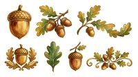 Acorn and oak leaf botanical illustrations in gold and green tones, isolated on white background, suitable for autumn designs, invitations, and decorative projects.