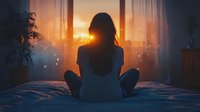 Young woman sitting cross-legged on bed at sunset, silhouetted against window with glowing city lights and magical bokeh effect, creating peaceful meditation atmosphere.