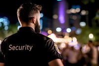 Bearded security guard in uniform standing watch at outdoor night event with blurred crowd and colorful bokeh lights in background, rear view perspective.