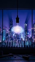 Glowing brain lightbulb hanging over miniature city skyline with purple neon lighting and urban night scene background for innovation and creativity concepts.