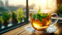Glass cup of aromatic herbal tea with fresh mint leaves on wooden table near window during sunset, cozy home atmosphere with natural light and bokeh.