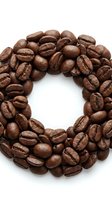 Roasted coffee beans arranged in circular wreath shape on white background. Aromatic brown beans with natural cracks for cafe branding and beverage marketing.