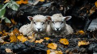 Two adorable white lambs with fluffy wool lying together among fallen autumn leaves, creating charming pastoral scene against dark background.